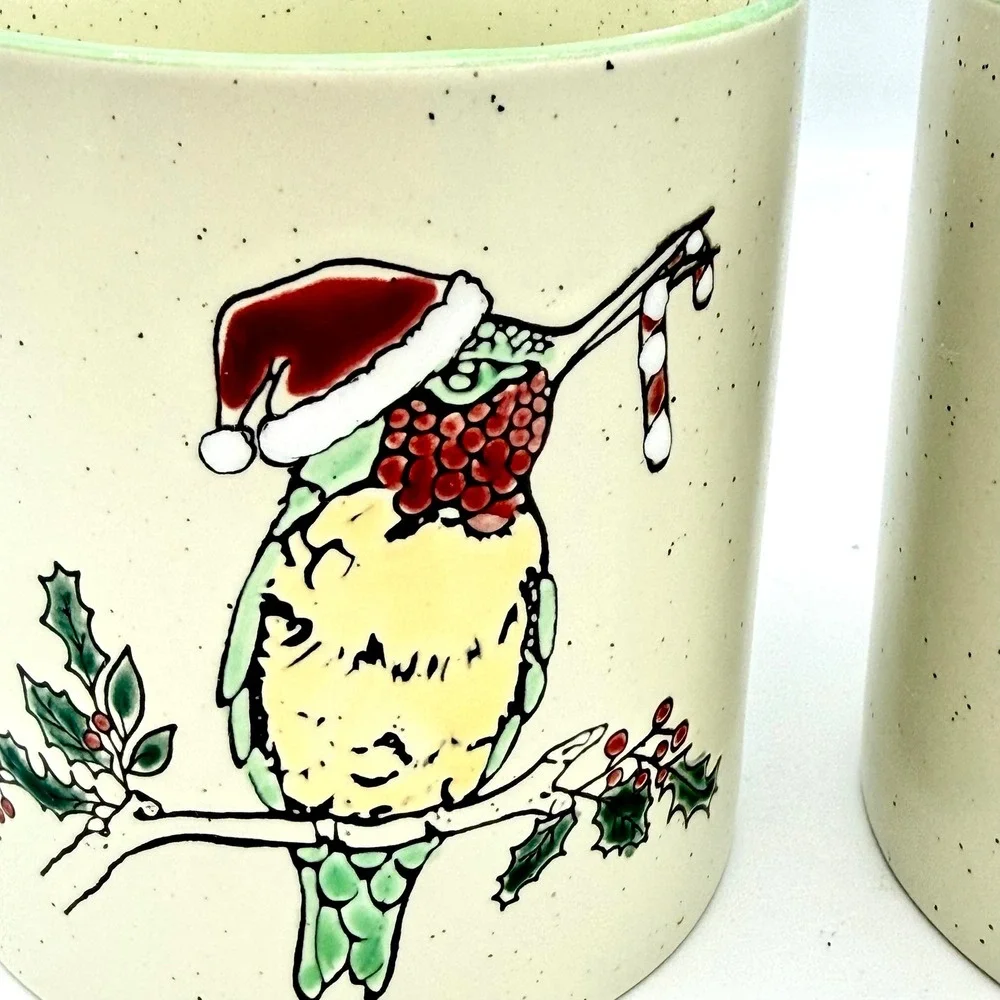 Eli + Ana Christmas Hummingbird Mugs Speckled Ceramic Set of 2 Green‎ Rim 2022